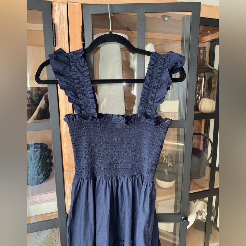 Quince nap dress Poplin Smocked Midi ruffles square neck tiered hill house navy - Picture 6 of 7